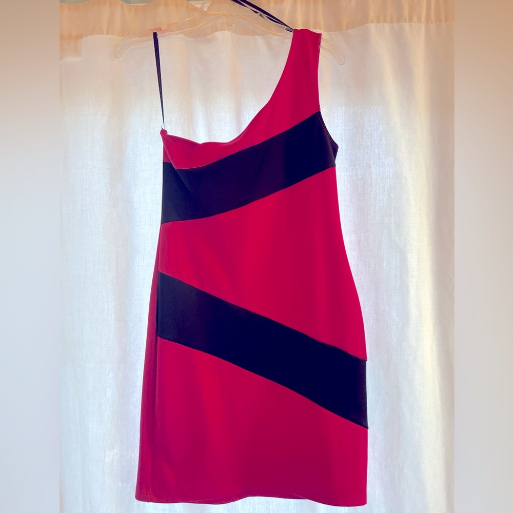 Bright pink & black one shoulder asymmetrical dress by Lily Rose - size M